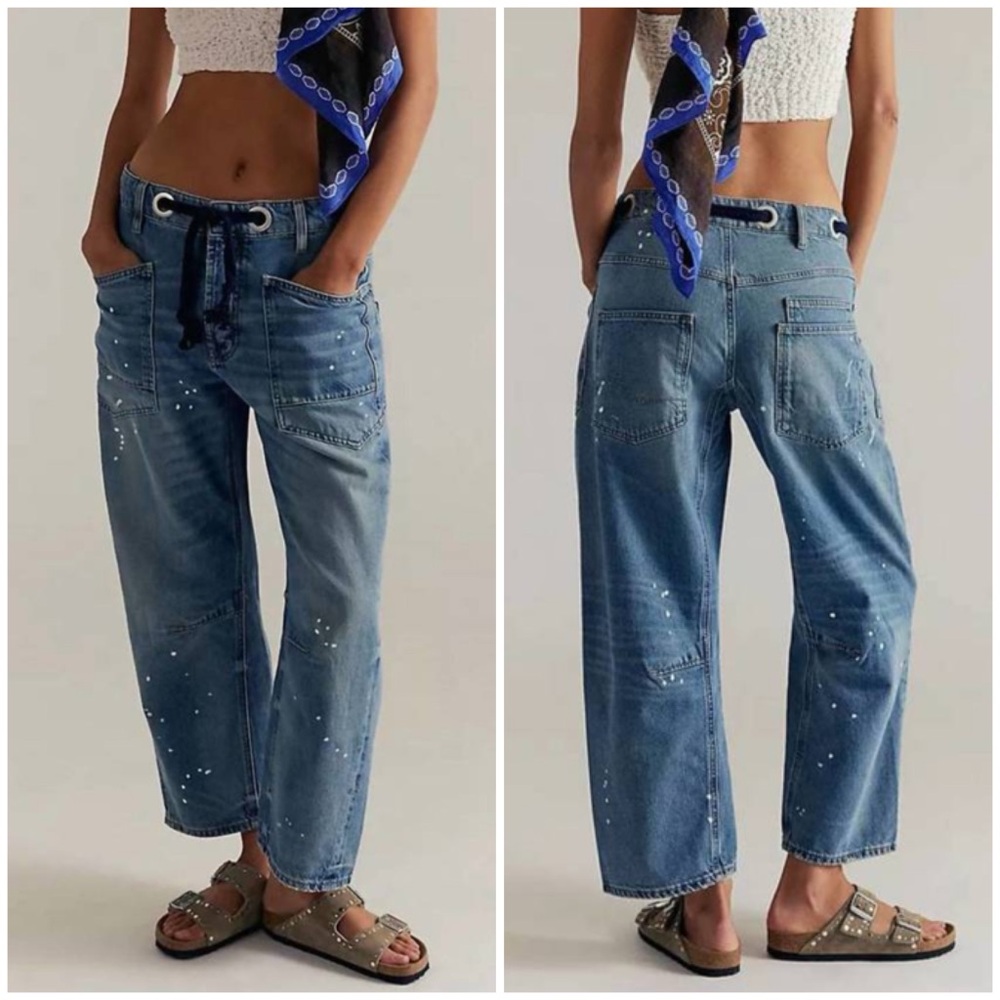 We The Free Moxie Blue Paint-Splatter barrel jeans